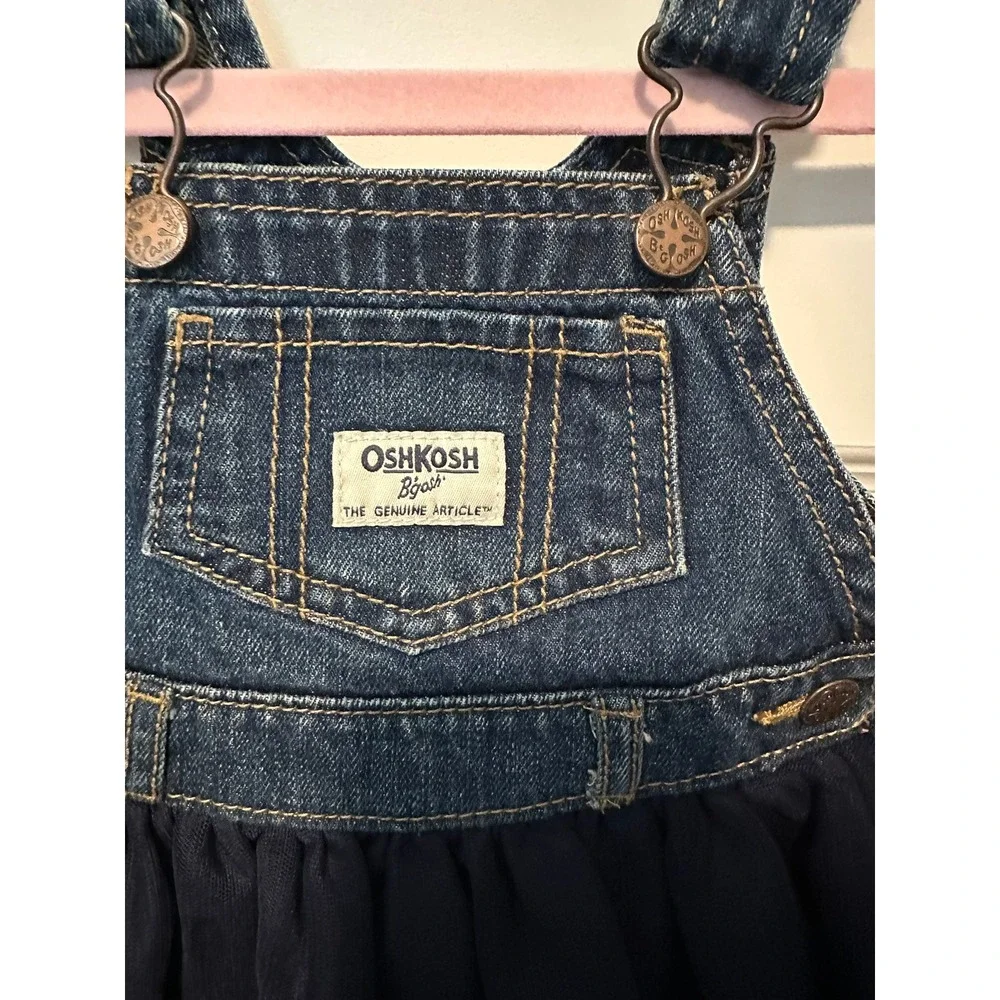 OshKosh Bgosh Navy Blue Denim Taffeta Tulle Overall Dress 12M